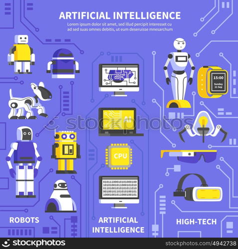 Artificial Intelligence Infographics. Artificial intelligence infographics layout with information about robots and products of high tech technology and innovations flat vector illustration