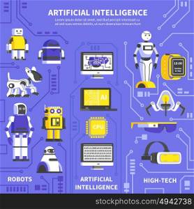 Artificial Intelligence Infographics. Artificial intelligence infographics layout with information about robots and products of high tech technology and innovations flat vector illustration