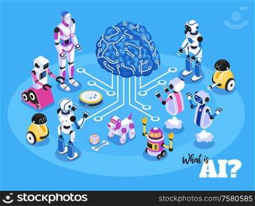 Artificial intelligence isometric composition with brain model surrounded by robotic helpers and pets blue background vector illustration