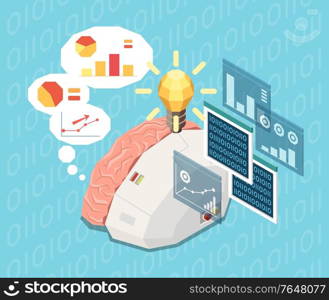 Artificial intelligence isometric composition with image of half electronic human brain thinking of graphs and data vector illustration