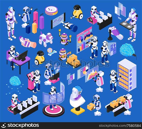 Artificial intelligence isometric elements big set with robotic pets assembly line humanoids technology blue background vector illustration