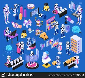 Artificial intelligence isometric elements big set with robotic pets assembly line humanoids technology blue background vector illustration