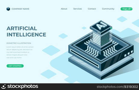 Artificial intelligence isometric landing page. Artificial intelligence chip. Machine learning technology. Vector illustration