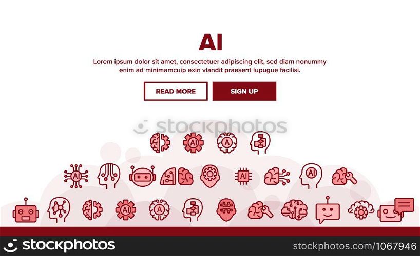 Artificial Intelligence Landing Web Page Header Banner Template Vector. Brain And Droid Robot, Chip And Processor Of Ai Artificial Intelligence Details Illustration. Artificial Intelligence Landing Header Vector