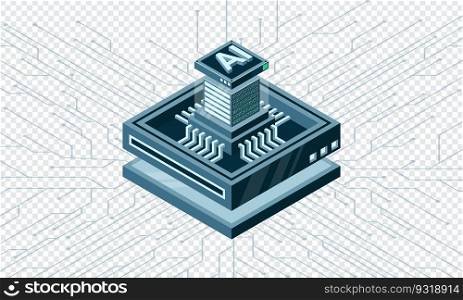 Artificial intelligence micro chip illustration. Quantum computing. Artificial intelligence computer. Isometric machine programming. Vector illustration