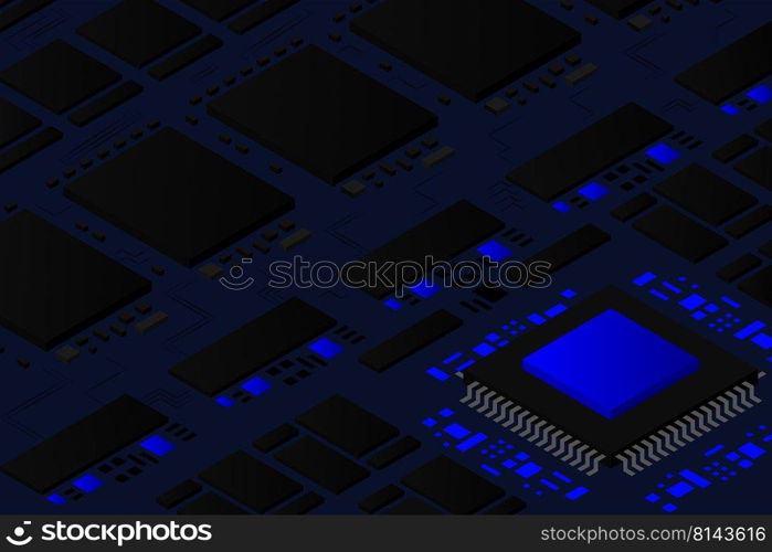 Artificial intelligence micro chip illustration. Quantum computing. PC mainboard illustration background. 3D isometric hardware