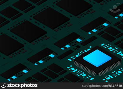 Artificial intelligence micro chip illustration. Quantum computing. PC mainboard illustration background. 3D isometric hardware