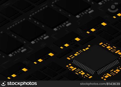 Artificial intelligence micro chip illustration. Quantum computing. PC mainboard illustration background. 3D isometric hardware