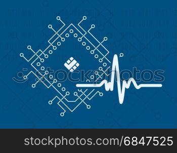 Artificial intelligence modern technology concept with cpu processor and signal form pulse binary code background. Vector illustration.