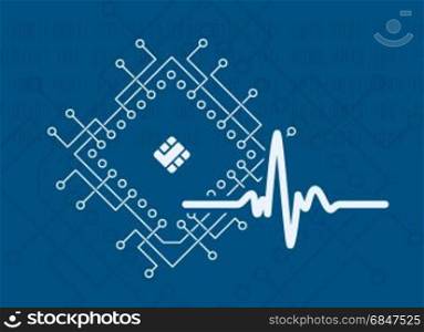 Artificial intelligence modern technology concept with cpu processor and signal form pulse binary code background. Vector illustration.