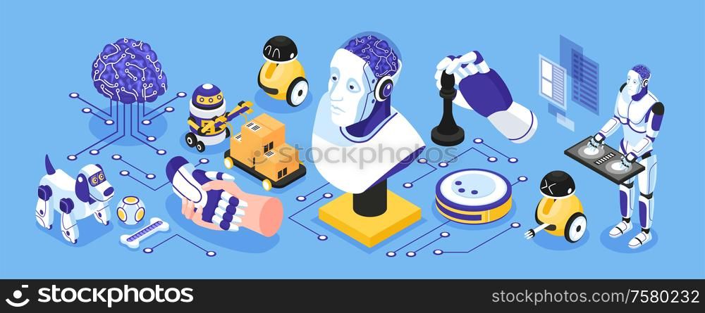 Artificial intelligence narrow isometric concept with industrial and house robots symbols isolated vector illustration