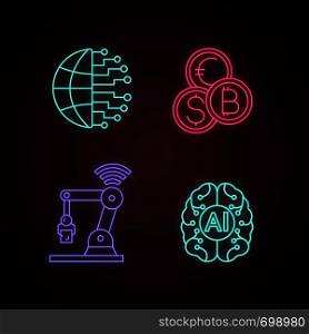 Artificial intelligence neon light icons set. Neurotechnology. AI. Big data, currency exchange, IoT robot, digital brain. Glowing signs. Vector isolated illustrations. Artificial intelligence neon light icons set