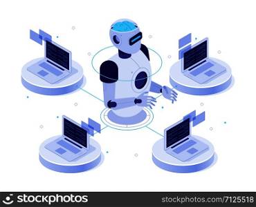 Artificial intelligence network. Virtual AI bot, chat with computer assistant and machine learning. Digital robotic chatbot software, futuristic isometric isolated vector concept illustration. Artificial intelligence network. Virtual AI bot, chat with computer assistant and machine learning isometric vector concept illustration