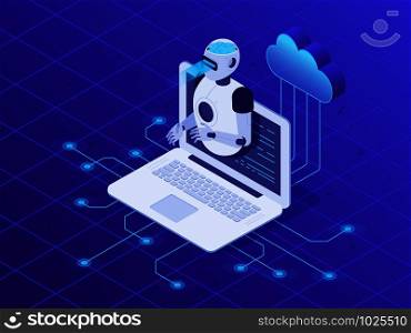 Artificial intelligence on laptop screen. Cloud neural network, AI robot, digital communication chatbots or future question chat conversation intelligence 3D isometric vector illustration. Artificial intelligence on laptop screen. Cloud neural network, AI robot 3D isometric vector illustration