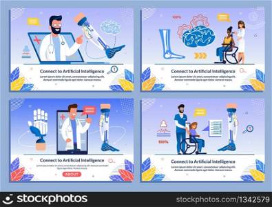 Artificial Intelligence Presentation Banner Set. Online Seminar for Disabled. Equipment Selection. Suitable Assistance. Male Specialist on Monitor. Female Doctor and Patient. Vector Flat Illustration. Artificial Intelligence Presentation Banner Set