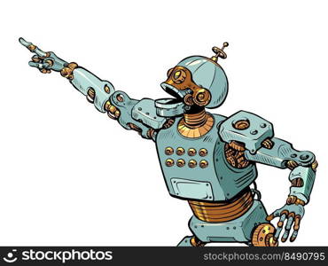 artificial intelligence robot point with their hand. Template advertising announcement news sale. Pop art style. Pop Art Retro Vector Illustration 50s 60s Style Kitsch Vintage Drawing. artificial intelligence robot point with their hand. Template advertising announcement news sale. Pop art style