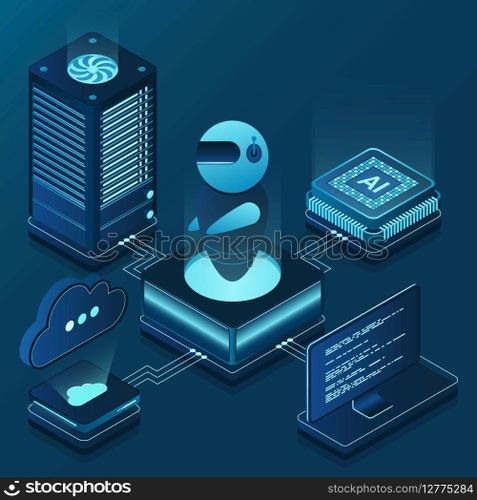 Artificial intelligence robot. System analysis. Big data processing. Machine learning technology. Vector illustration