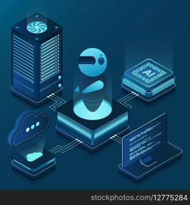 Artificial intelligence robot. System analysis. Big data processing. Machine learning technology. Vector illustration