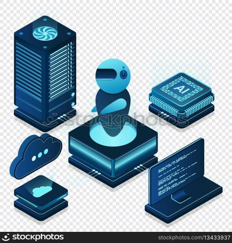 Artificial intelligence robot. System analysis. Big data processing. Machine learning technology. Vector illustration