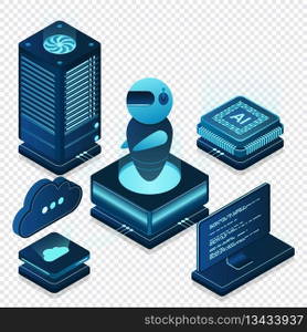 Artificial intelligence robot. System analysis. Big data processing. Machine learning technology. Vector illustration