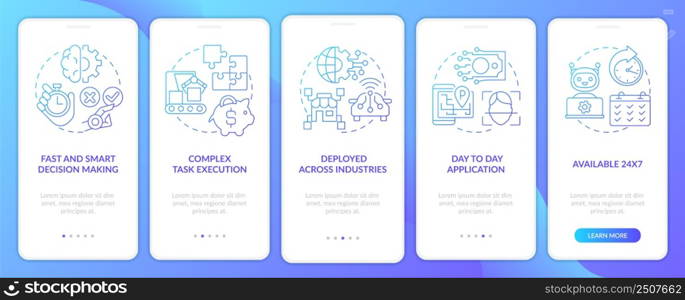 Artificial intelligence strengths blue gradient onboarding mobile app screen. Walkthrough 5 steps instructions pages with linear concepts. UI, UX, GUI template. Myriad Pro-Bold, Regular fonts used. Artificial intelligence strengths blue gradient onboarding mobile app screen