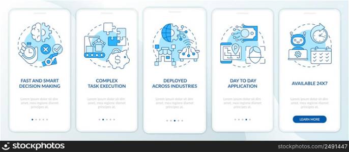 Artificial intelligence strengths blue onboarding mobile app screen. Walkthrough 5 steps graphic instructions pages with linear concepts. UI, UX, GUI template. Myriad Pro-Bold, Regular fonts used. Artificial intelligence strengths blue onboarding mobile app screen