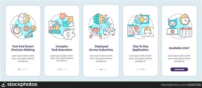 Artificial intelligence strengths onboarding mobile app screen. Walkthrough 5 steps graphic instructions pages with linear concepts. UI, UX, GUI template. Myriad Pro-Bold, Regular fonts used. Artificial intelligence strengths onboarding mobile app screen