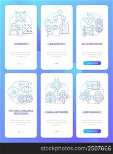 Artificial intelligence system blue gradient onboarding mobile app screen set. Walkthrough 3 steps graphic pages with linear concepts. UI, UX, GUI template. Myriad Pro-Bold, Regular fonts used. Artificial intelligence system blue gradient onboarding mobile app screen set