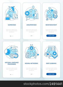 Artificial intelligence system blue onboarding mobile app screen set. Walkthrough 3 steps graphic instructions pages with linear concepts. UI, UX, GUI template. Myriad Pro-Bold, Regular fonts used. Artificial intelligence system blue onboarding mobile app screen set