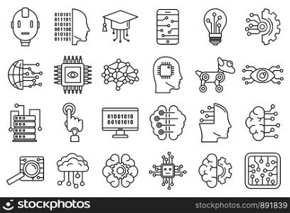 Artificial intelligence system icons set. Outline set of artificial intelligence system vector icons for web design isolated on white background. Artificial intelligence system icons set, outline style