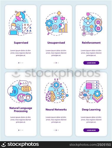 Artificial intelligence system onboarding mobile app screen set. Walkthrough 3 steps graphic instructions pages with linear concepts. UI, UX, GUI template. Myriad Pro-Bold, Regular fonts used. Artificial intelligence system onboarding mobile app screen set