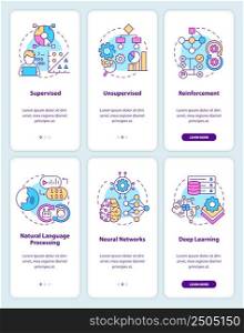 Artificial intelligence system onboarding mobile app screen set. Walkthrough 3 steps graphic instructions pages with linear concepts. UI, UX, GUI template. Myriad Pro-Bold, Regular fonts used. Artificial intelligence system onboarding mobile app screen set