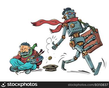 Artificial intelligence takes the work of artists. Robot artist tossing a coin to an unemployed human artist. Comic cartoon pop art retro vector illustration hand drawing. On a white background. Artificial intelligence takes the work of artists. Robot artist tossing a coin to an unemployed human artist.