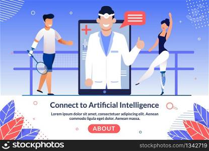 Artificial Intelligence Technologies for Disabled People Trendy Flat Vector Web Banner, Landing Page Template. Injured Tennis Player and Ballerina with Robotized Leg, Hand Prosthesis Illustration. AI Technologies for Disabled People Vector Website