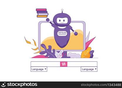 Artificial Intelligence Translates Text Online. Vector Illustration on White Background. Chatbot on Background Computer Display Shows Stack Dictionaries from which Takes Words for Translation.