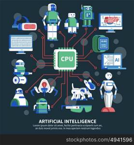 Artificial Intelligence Vector Illustration. Artificial intelligence vector illustration on black background with cpu chip in center and robot images around