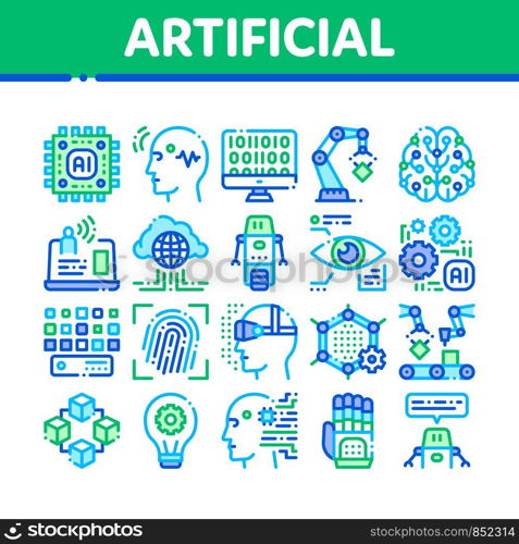 Artificial Intelligence Vector Thin Icons Set. Artificial Intelligence Details Binary Code, Robot, Light Bulb Linear Pictograms. Fingerprint, Microchip, Assembly Line Color Contour Illustrations. Artificial Intelligence Vector Thin Icons Set