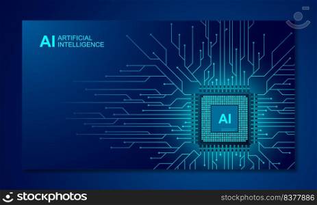 Artificial intelligence web banner. 3D isometric illustration of a processor chip. The process of data processing. Developments in modern technologies. Microcircuits on neon glowing futuristic background