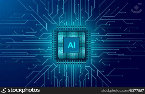 Artificial intelligence web banner. 3D isometric illustration of a processor chip. The process of data processing. Developments in modern technologies. Microcircuits on neon glowing futuristic background