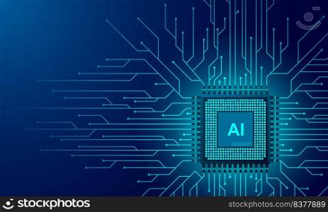 Artificial intelligence web banner. 3D isometric illustration of a processor chip. The process of data processing. Developments in modern technologies. Microcircuits on neon glowing background