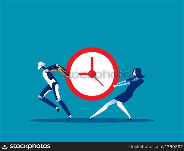 Artificial Intelligence with Human and vying for time. Concept business vector, Take time, Teamwork, Clock