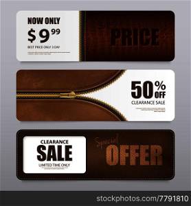 Artificial leather clearance sale offer prices with 3  qualities texture samples realistic horizontal banners isolated vector illustration . Realistic Leather Texture Sale Banners