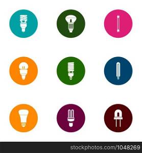 Artificial light icons set. Flat set of 9 artificial light vector icons for web isolated on white background. Artificial light icons set, flat style