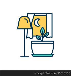 Artificial lighting for plants RGB color icon. Houseplant light intake. Indoor plant and foliage growth enhancement at night. Fluorescent, incandescent and LED lights. Isolated vector illustration. Artificial lighting for plants RGB color icon