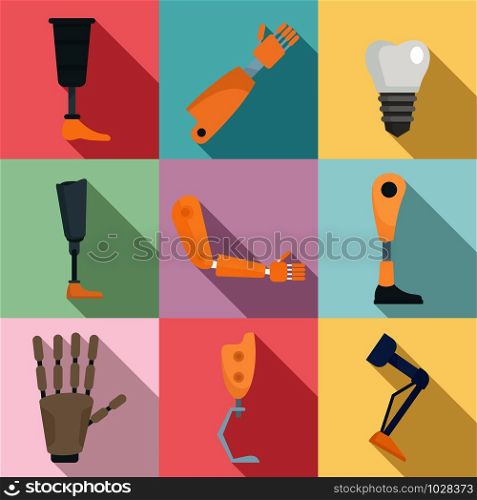 Artificial limbs icons set. Flat set of artificial limbs vector icons for web design. Artificial limbs icons set, flat style