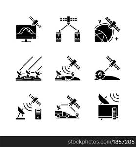 Artificial satellites black glyph icons set on white space. Satellite tracking, navigation, positioning system. Various types of artificial satelites. Silhouette symbols. Vector isolated illustration. Artificial satellites black glyph icons set on white space