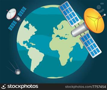 Artificial satellites fly around planet and monitor state of ecology, population and nature. Satellite antennas in space sending signals to Earth. Space objects are charged with solar panels. Artificial satellites fly around planet and monitor state of ecology, population and nature