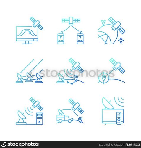 Artificial satellites gradient linear vector icons set. Satellite tracking, navigation, positioning system. Thin line contour symbols bundle. Isolated outline illustrations collection. Artificial satellites gradient linear vector icons set