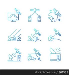 Artificial satellites gradient linear vector icons set. Satellite tracking, navigation, positioning system. Thin line contour symbols bundle. Isolated outline illustrations collection. Artificial satellites gradient linear vector icons set