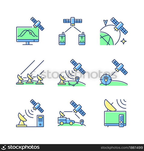 Artificial satellites green, blue RGB color icons set. Satellite tracking, navigation, positioning system. Satelites types. Isolated vector illustrations. Simple filled line drawings collection. Artificial satellites green, blue RGB color icons set